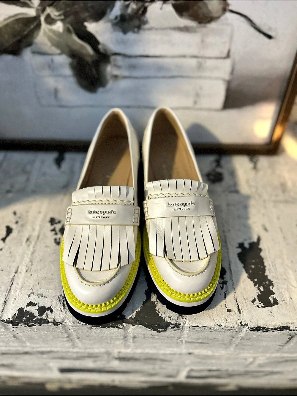 kate spade NEW YORK Fringe Loafers in White & Green Like New